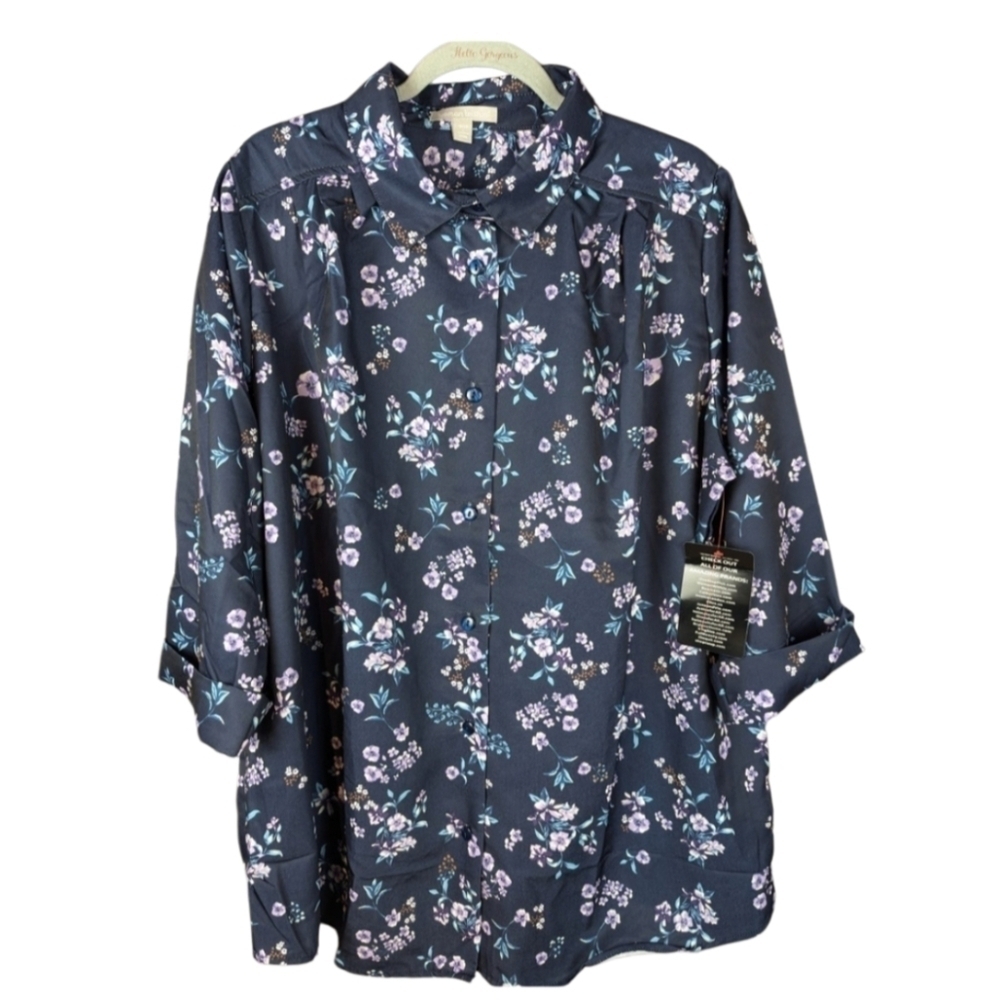 Woman Within large 18/20 blouse navy floral polyester hangs beautifully